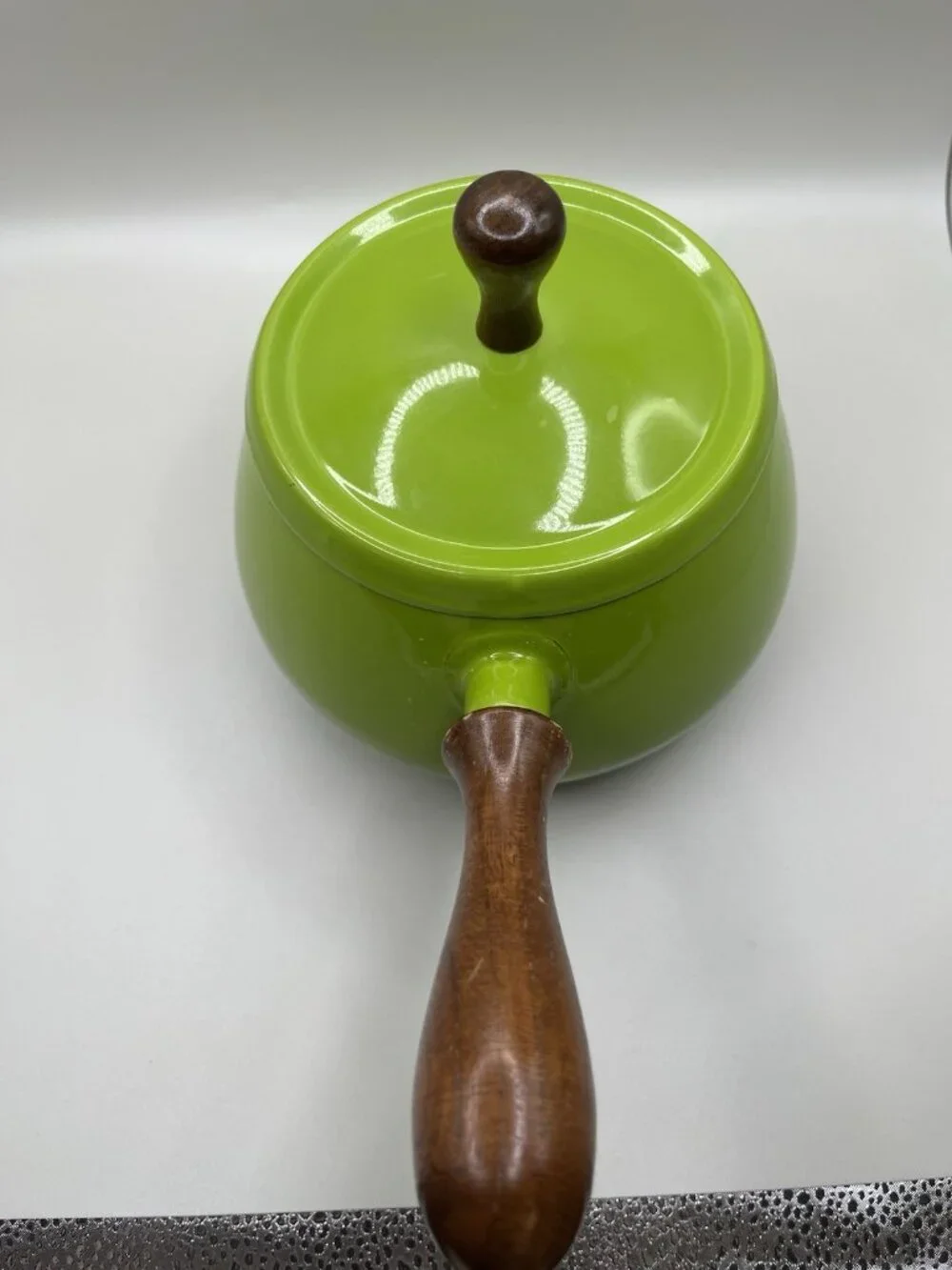 Vintage Enamel Mid Century Avocado Green Wood Handle Sauce Pan MCM Retro 70s
